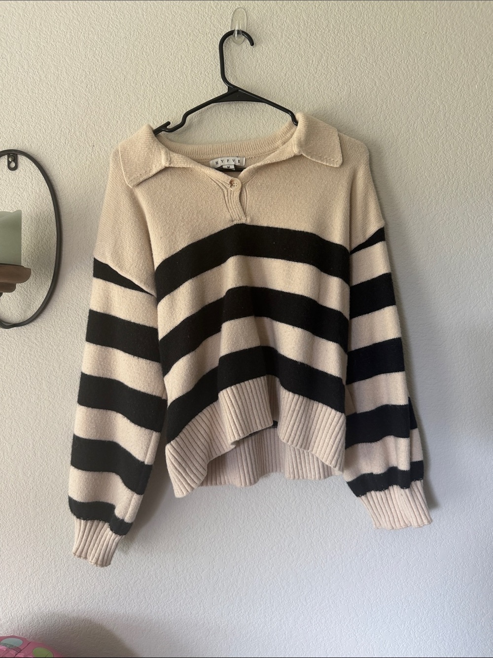 HYFVE Cream and Black Striped Collared Pullover Sweater